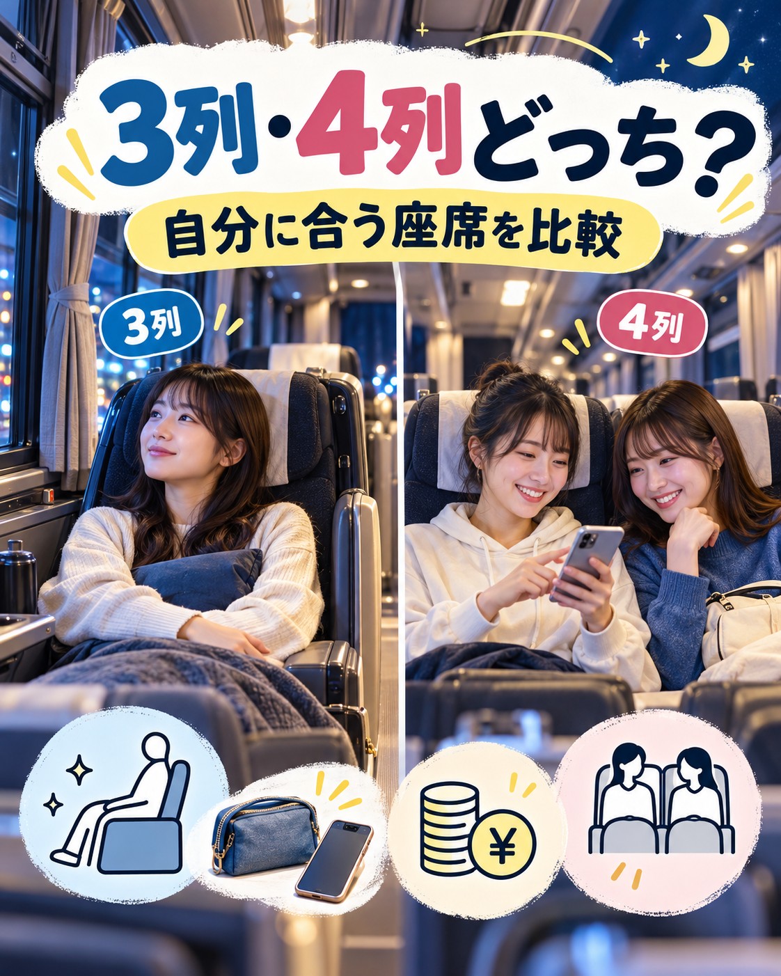 夜行バスは3列と4列どっちがいい？