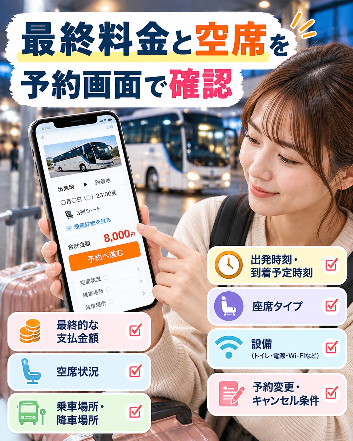 最終料金と空席を予約画面で確認