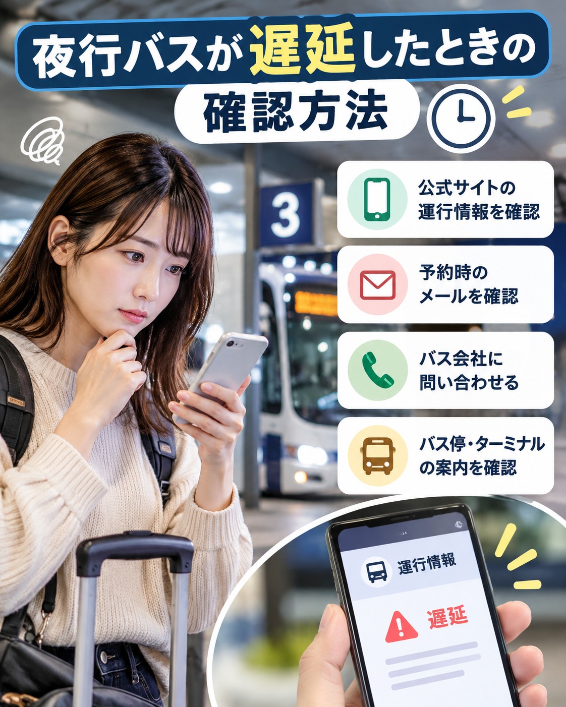夜行バスが遅延したときの確認方法