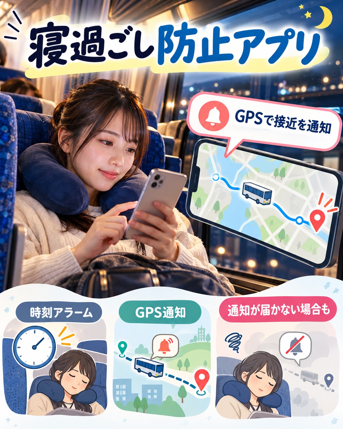 夜行バスの寝過ごし防止アプリ