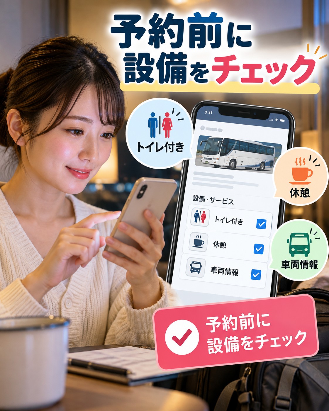 トイレ付き便は予約時に確認する