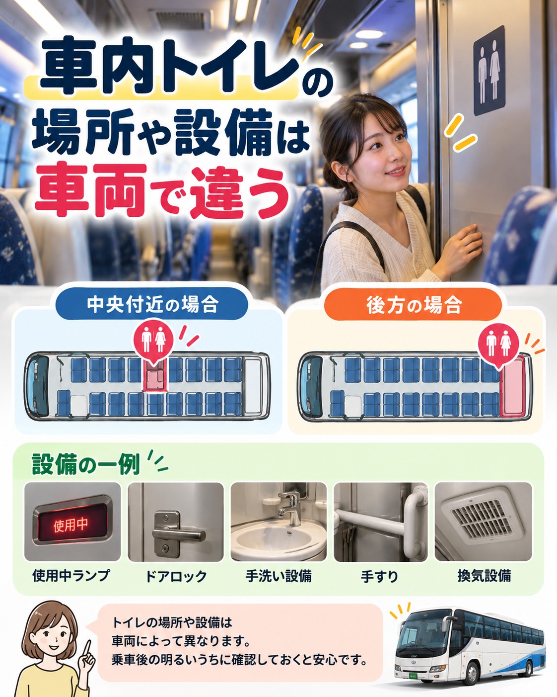 車内トイレの場所や設備は車両で違う