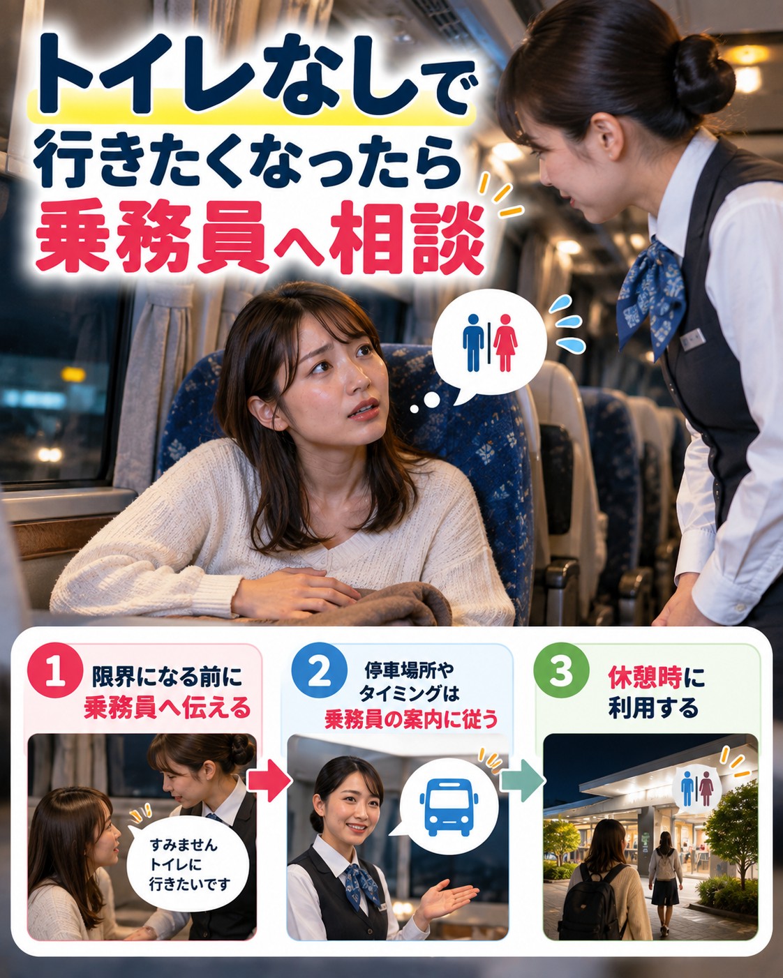 トイレなしで行きたくなったら乗務員へ相談