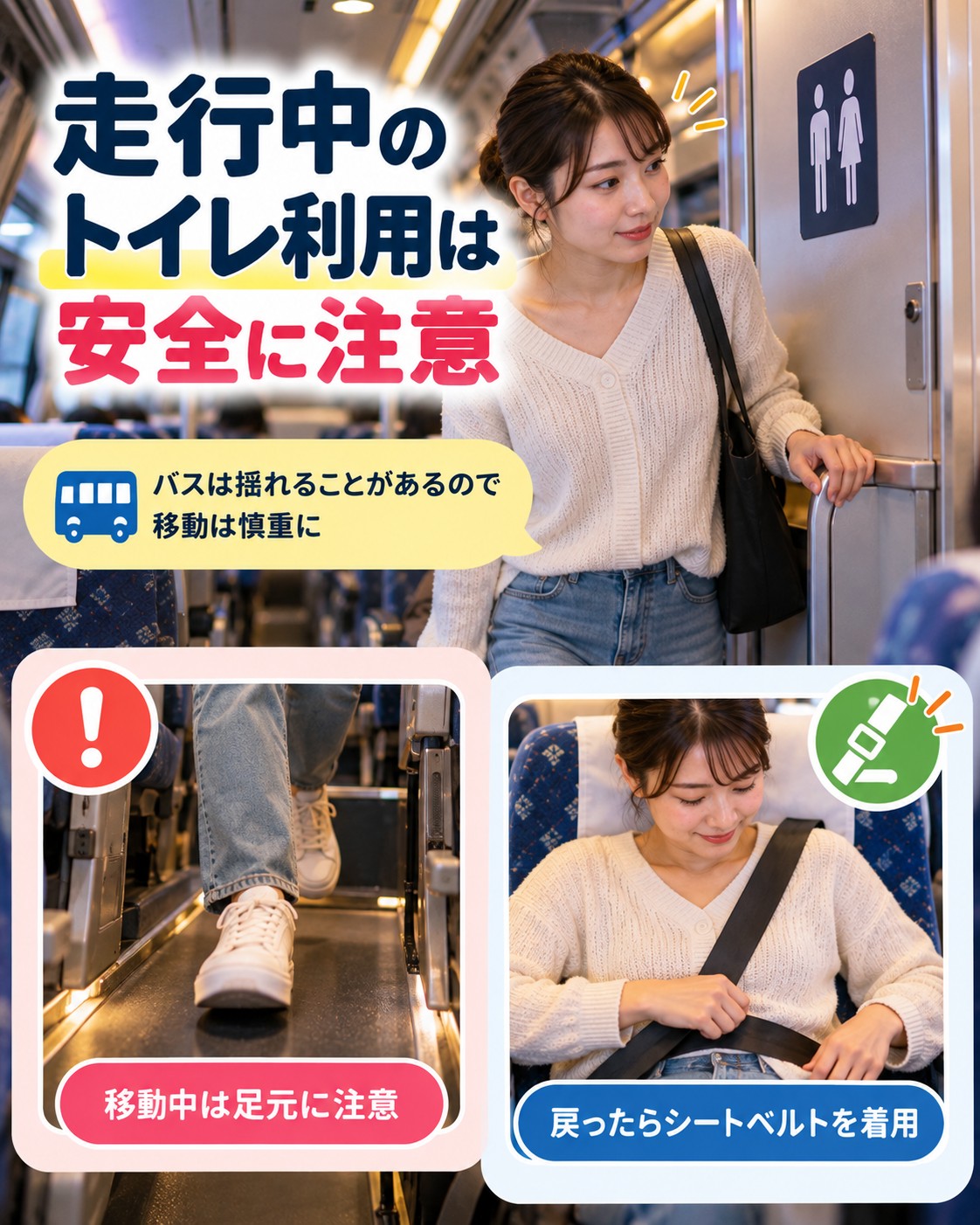 走行中のトイレ利用は安全に注意する