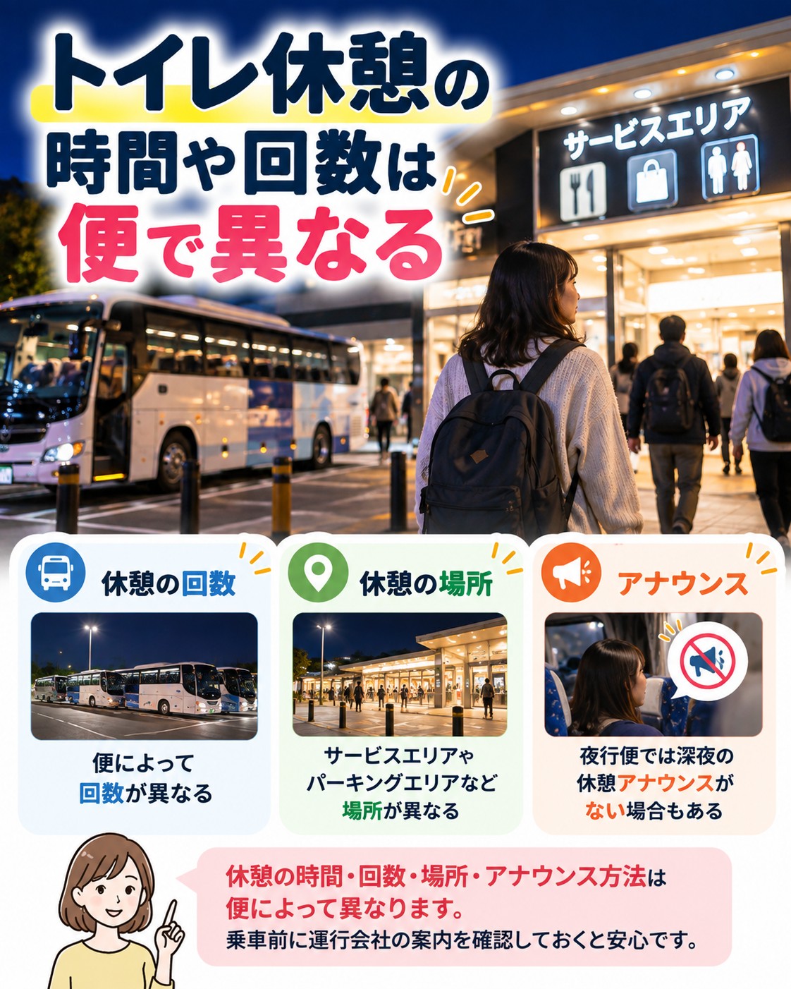 トイレ休憩の時間や回数は便で異なる