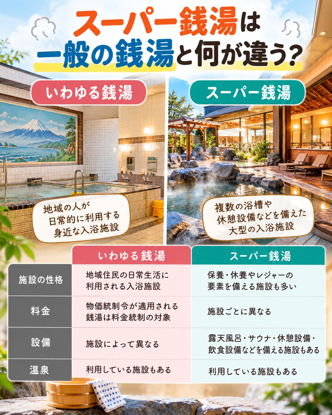スーパー銭湯は一般の銭湯と何が違う?