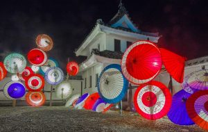 郡上八幡城の紅葉　和傘　ライトアップイベント　岐阜県郡上市八幡町の観光・撮影スポットの画像や写真
