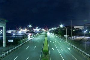 金城ふ頭駅　道路　飛島村コンテナクレーン　夜景　名古屋市港区の観光・撮影スポットの画像や写真