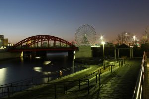中川運河　中川橋　名古屋港シートレインランド　観覧車　ポートビル　朝　名古屋市中川区の観光・撮影スポットの画像と写真