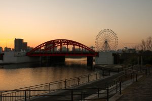 中川橋　名古屋港シートレインランド　観覧車　朝焼け　マジックアワー　名古屋市中川区の観光・撮影スポットの画像と写真