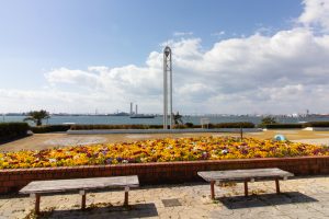 名古屋港ガーデンふ頭臨港緑園、ポートビル、3月の春の花、名古屋市港区の観光・撮影スポットの画像と写真