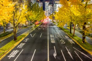 交差点日銀前の歩道橋、銀杏、黄葉、11月秋名古屋市中区の観光・撮影スポットの画像と写真