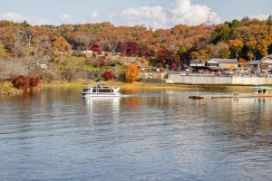 恵那峡さざなみ公園、紅葉。11月秋、岐阜県恵那市の観光・撮影スポットの名所