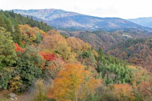 苗木城跡、紅葉。11月秋、岐阜県中津川市市の観光・撮影スポットの名所