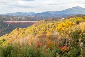 苗木城跡、紅葉。11月秋、岐阜県中津川市市の観光・撮影スポットの名所