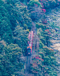 保津峡展望台、トロッコ列車、嵯峨野観光鉄道、嵐山-高雄パークウエイ、11月秋、京都府京都市の観光・撮影スポットの名所