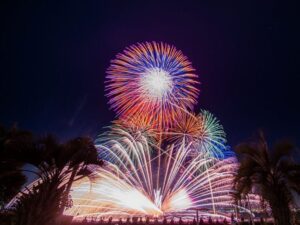 名港水上芸術花火、名古屋港ガーデンふ頭、8月夏、名古屋市港区の観光・撮影スポットの画像と写真