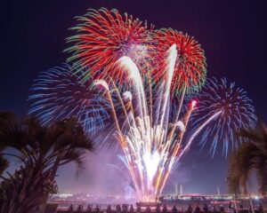 名港水上芸術花火、名古屋港ガーデンふ頭、8月夏、名古屋市港区の観光・撮影スポットの画像と写真