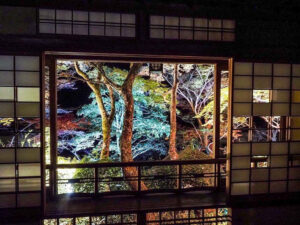 嵯峨（さが）嵐山 祐齋亭、紅葉ライトアップ、日本庭園、11月秋、京都府京都市の観光・撮影スポットの名所
