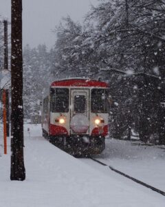 谷汲口駅、樽見鉄道、冬景色。2月冬、岐阜県揖斐郡の観光・撮影スポットの画像と写真