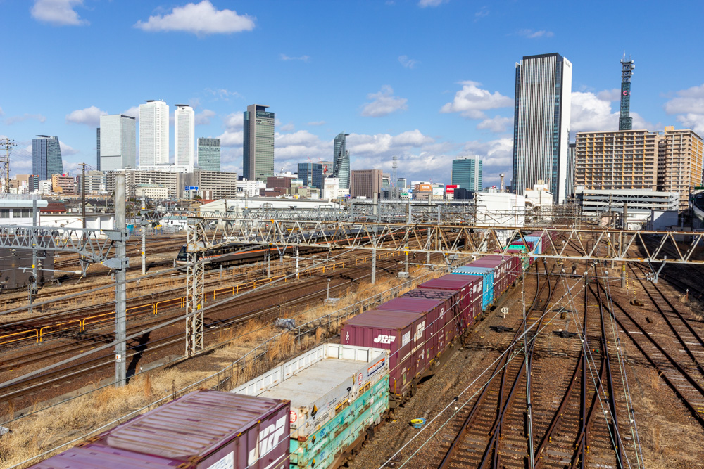 向野橋、雲と鉄道の撮影、標準ズームレンズ撮影、名古屋駅ビル群、名古屋市中村区の観光・撮影スポットの画像や写真