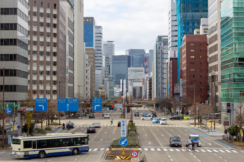 桜通り,名古屋駅ビル群、50ｍｍ単焦点撮影テクニック、風景撮影、1月冬、名古屋市中区の観光・撮影スポットの名所