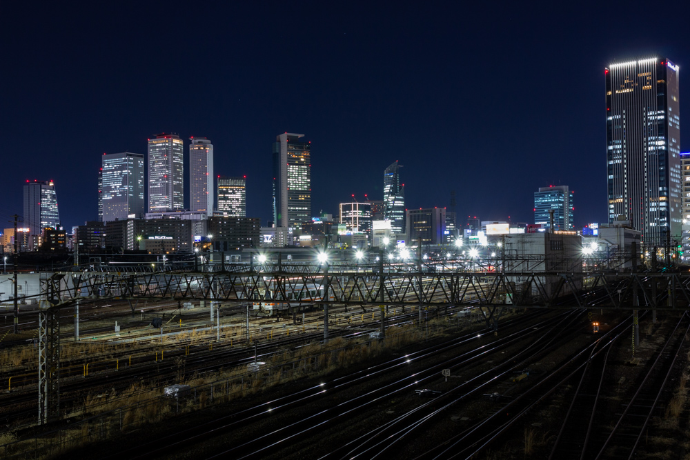 向野橋、夜景撮影、標準ズームレンズ撮影、名古屋駅ビル群、夜景、名古屋市中村区の観光・撮影スポットの写真や画像