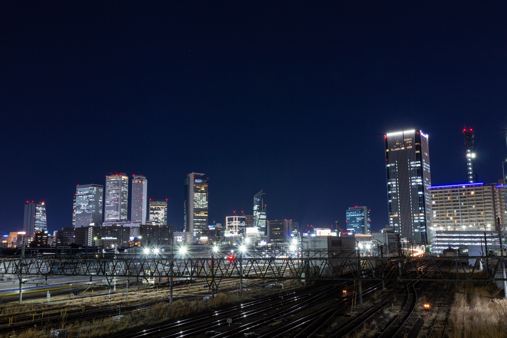 向野橋、夜景撮影、標準ズームレンズ撮影、名古屋駅ビル群、夜景、名古屋市中村区の観光・撮影スポットの写真や画像