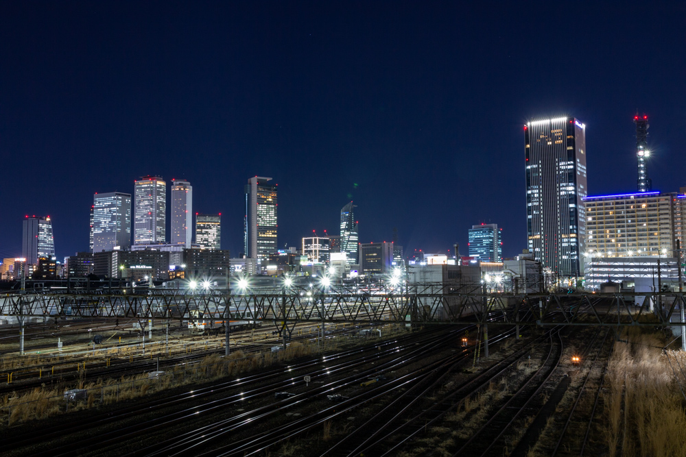 向野橋、夜景撮影、標準ズームレンズ撮影、名古屋駅ビル群、夜景、名古屋市中村区の観光・撮影スポットの写真や画像