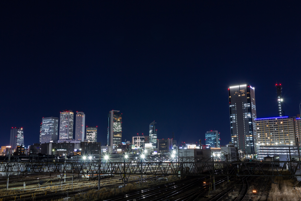 向野橋、夜景撮影、標準ズームレンズ撮影、名古屋駅ビル群、夜景、名古屋市中村区の観光・撮影スポットの写真や画像